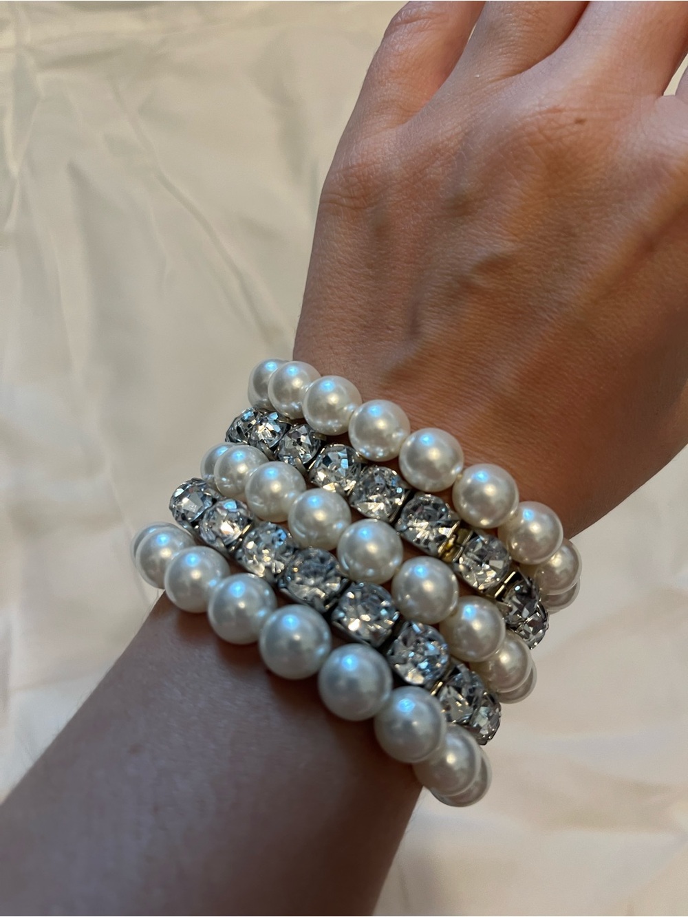 Classic Pearl and Crystal Stretch Bracelet Stack - White/Silver